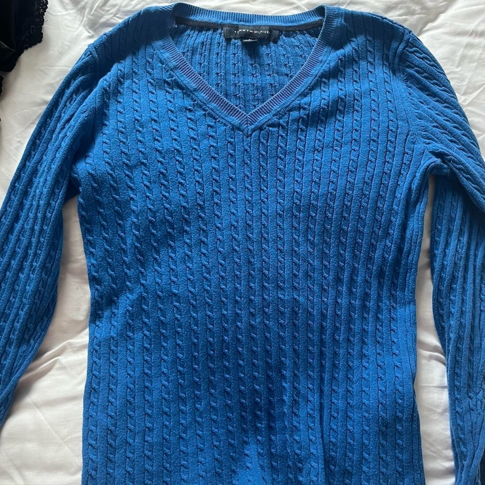 Tommy Hilfiger Blue V-Neck Cable Knit Sweater
